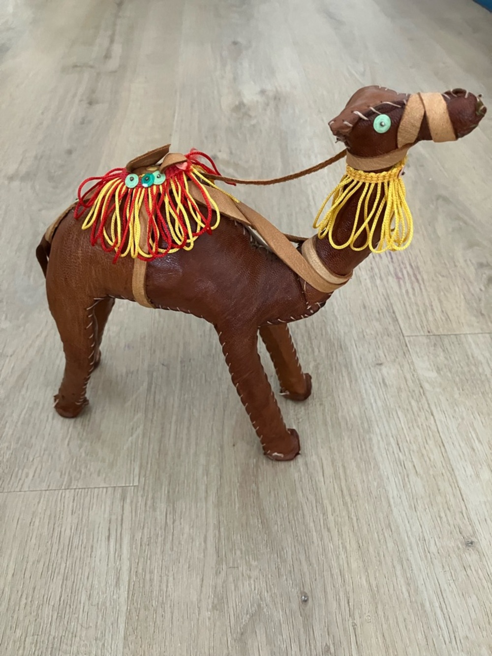 Handmade Moroccan Brown Leather Camel Figurine with Colorful Tassels, Vintage
